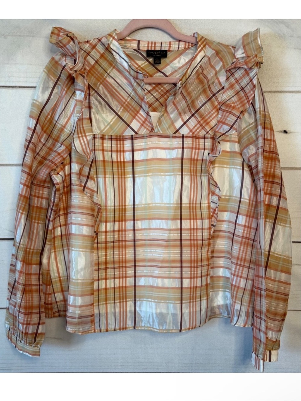 ⛱️🔥Current Air - Orange Yellow Plaid Ruffle Blouse - L